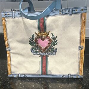 Brighton Cream Tote with Pink Heart and Blue Trim